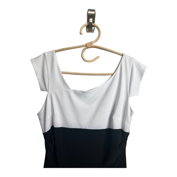 Joseph Ribkoff Slanted Neckline White Black Sheath Ruched Stretch Dress Size 12 - Picture 3 of 15